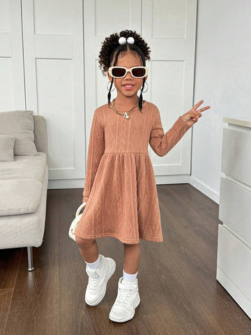Young Girl's Textured Jacquard Knit Dress, Suitable For Casual Daily Wear, Suitable For Autumn/Winter