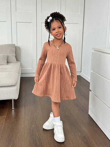 Young Girl's Textured Jacquard Knit Dress, Suitable For Casual Daily Wear, Suitable For Autumn/Winter