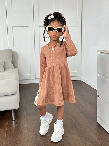 Young Girl's Textured Jacquard Knit Dress, Suitable For Casual Daily Wear, Suitable For Autumn/Winter