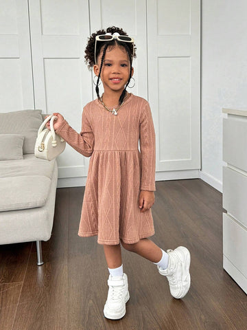 Young Girl's Textured Jacquard Knit Dress, Suitable For Casual Daily Wear, Suitable For Autumn/Winter
