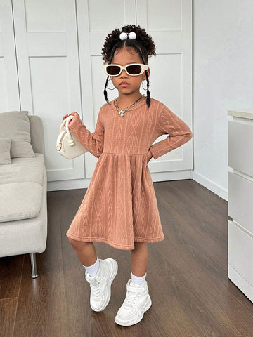 Young Girl's Textured Jacquard Knit Dress, Suitable For Casual Daily Wear, Suitable For Autumn/Winter