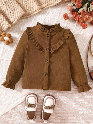 Young Girls Autumn/Winter Corduroy Ruffled Collar Buttoned Front Puff Sleeve Ruffle Hem Blouse