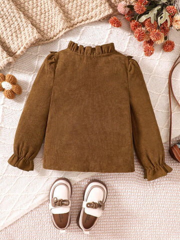 Young Girls Autumn/Winter Corduroy Ruffled Collar Buttoned Front Puff Sleeve Ruffle Hem Blouse