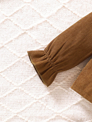 Young Girls Autumn/Winter Corduroy Ruffled Collar Buttoned Front Puff Sleeve Ruffle Hem Blouse