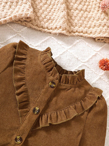 Young Girls Autumn/Winter Corduroy Ruffled Collar Buttoned Front Puff Sleeve Ruffle Hem Blouse