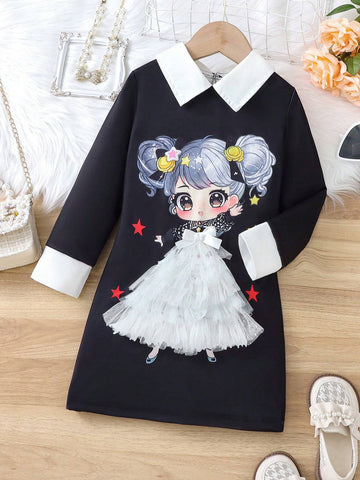 Young Girl's Autumn/Winter Fashion Sweet Bow Decor Mesh Patchwork Cartoon Print Dress
