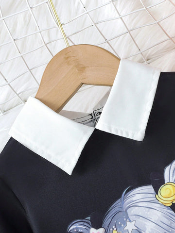 Young Girl's Autumn/Winter Fashion Sweet Bow Decor Mesh Patchwork Cartoon Print Dress