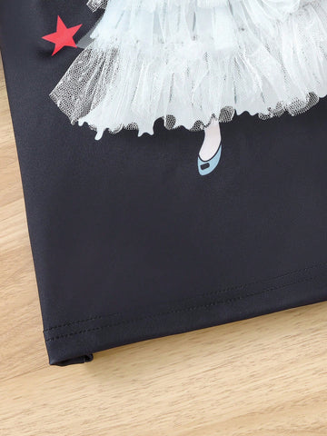 Young Girl's Autumn/Winter Fashion Sweet Bow Decor Mesh Patchwork Cartoon Print Dress
