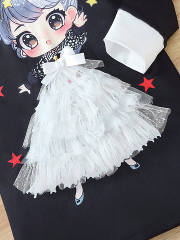 Young Girl's Autumn/Winter Fashion Sweet Bow Decor Mesh Patchwork Cartoon Print Dress