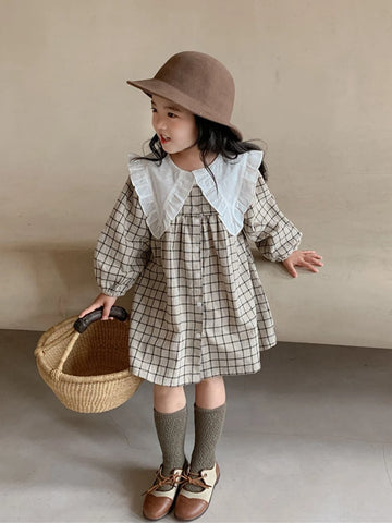 Young Girls' Autumn Korean Style Turn-down Collar Dress, 2023 New Arrival, Lace Hem Plaid Long Sleeve Dress, Thin And Fashionable Princess Dress