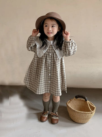 Young Girls' Autumn Korean Style Turn-down Collar Dress, 2023 New Arrival, Lace Hem Plaid Long Sleeve Dress, Thin And Fashionable Princess Dress