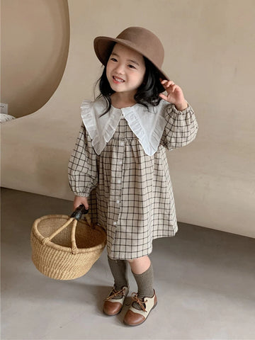 Young Girls' Autumn Korean Style Turn-down Collar Dress, 2023 New Arrival, Lace Hem Plaid Long Sleeve Dress, Thin And Fashionable Princess Dress