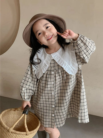 Young Girls' Autumn Korean Style Turn-down Collar Dress, 2023 New Arrival, Lace Hem Plaid Long Sleeve Dress, Thin And Fashionable Princess Dress