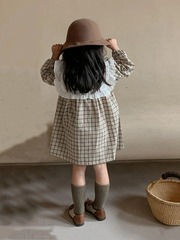 Young Girls' Autumn Korean Style Turn-down Collar Dress, 2023 New Arrival, Lace Hem Plaid Long Sleeve Dress, Thin And Fashionable Princess Dress