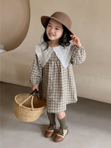 Young Girls' Autumn Korean Style Turn-down Collar Dress, 2023 New Arrival, Lace Hem Plaid Long Sleeve Dress, Thin And Fashionable Princess Dress