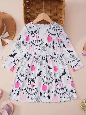Young Girls Autumn Long Sleeve White Round Neck Soft & Comfy Fashion Bat Print Party Halloween Dress