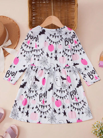 Young Girls Autumn Long Sleeve White Round Neck Soft & Comfy Fashion Bat Print Party Halloween Dress