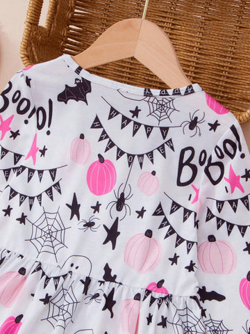 Young Girls Autumn Long Sleeve White Round Neck Soft & Comfy Fashion Bat Print Party Halloween Dress