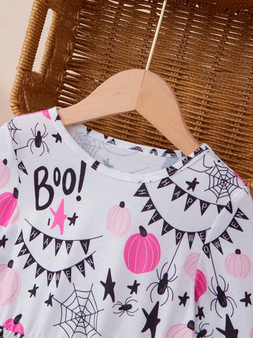 Young Girls Autumn Long Sleeve White Round Neck Soft & Comfy Fashion Bat Print Party Halloween Dress