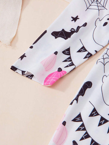 Young Girls Autumn Long Sleeve White Round Neck Soft & Comfy Fashion Bat Print Party Halloween Dress