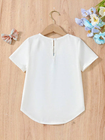 Young Girls' Back-To-School Season Printed Round-Neck Short Sleeve Asymmetrical Hem T-Shirt, Perfect For Vacation, Travel, Party In Summer