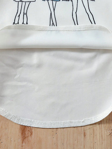 Young Girls' Back-To-School Season Printed Round-Neck Short Sleeve Asymmetrical Hem T-Shirt, Perfect For Vacation, Travel, Party In Summer