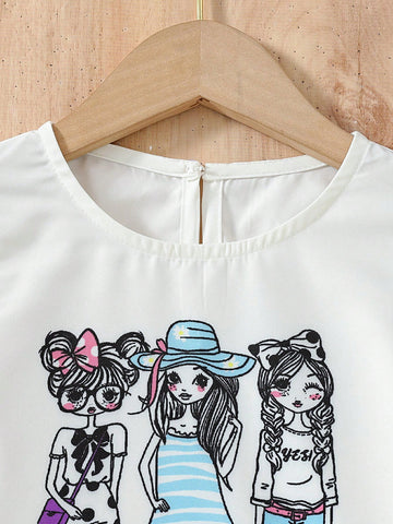 Young Girls' Back-To-School Season Printed Round-Neck Short Sleeve Asymmetrical Hem T-Shirt, Perfect For Vacation, Travel, Party In Summer