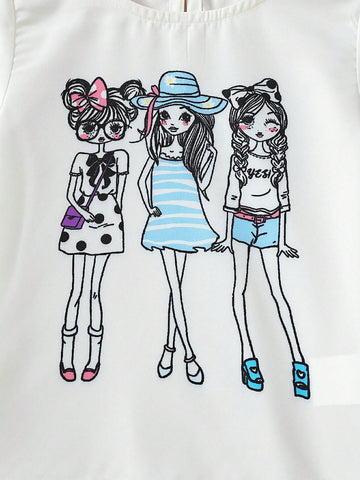 Young Girls' Back-To-School Season Printed Round-Neck Short Sleeve Asymmetrical Hem T-Shirt, Perfect For Vacation, Travel, Party In Summer