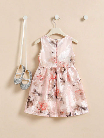 Young Girls" Back-To-School Season Sleeveless Ink Painting Printed Dress With Banded Waist, Mid-Length For Summer