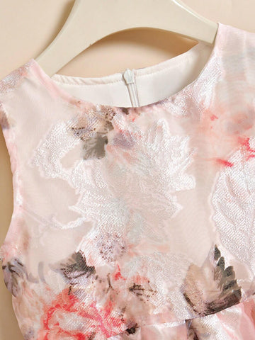 Young Girls" Back-To-School Season Sleeveless Ink Painting Printed Dress With Banded Waist, Mid-Length For Summer