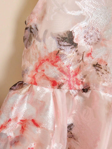 Young Girls" Back-To-School Season Sleeveless Ink Painting Printed Dress With Banded Waist, Mid-Length For Summer