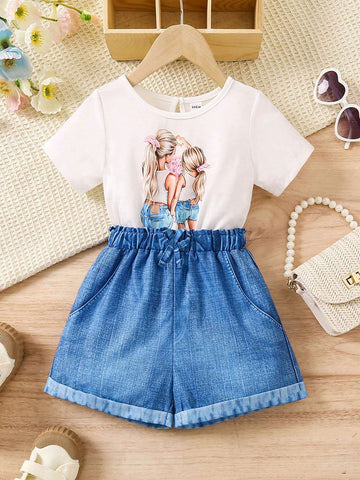 Young Girls' Beach Play Casual Fashion Cartoon Printed Denim-Look Jumpsuit For Summer