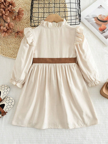 Young Girls Beige Long Sleeve Stand Collar Belted A-Line Dress, Spring & Autumn