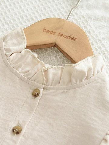 Young Girls Beige Long Sleeve Stand Collar Belted A-Line Dress, Spring & Autumn