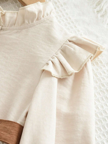 Young Girls Beige Long Sleeve Stand Collar Belted A-Line Dress, Spring & Autumn