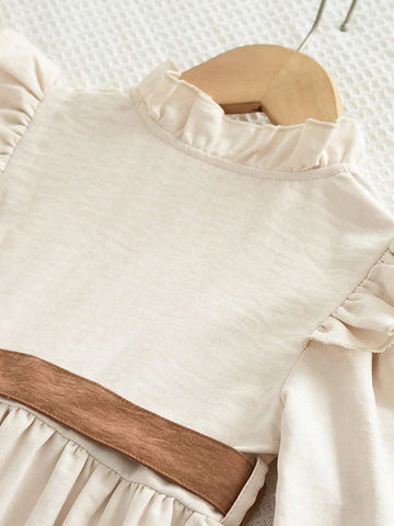 Young Girls Beige Long Sleeve Stand Collar Belted A-Line Dress, Spring & Autumn