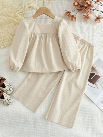 Young Girls Beige Puff Sleeve Colorful Sunflower Embroidered Top + Pants Set