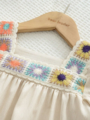 Young Girls Beige Puff Sleeve Colorful Sunflower Embroidered Top + Pants Set