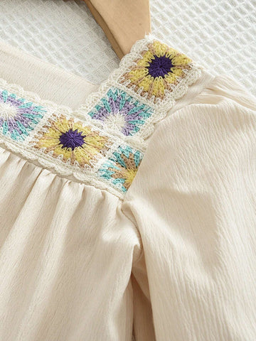 Young Girls Beige Puff Sleeve Colorful Sunflower Embroidered Top + Pants Set