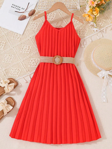 Young Girls Belted Spaghetti Strap Pleated Belt Dress