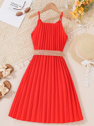 Young Girls Belted Spaghetti Strap Pleated Belt Dress