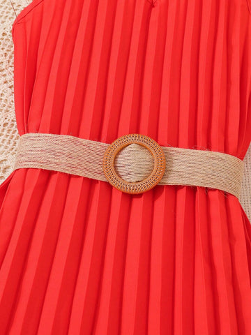 Young Girls Belted Spaghetti Strap Pleated Belt Dress