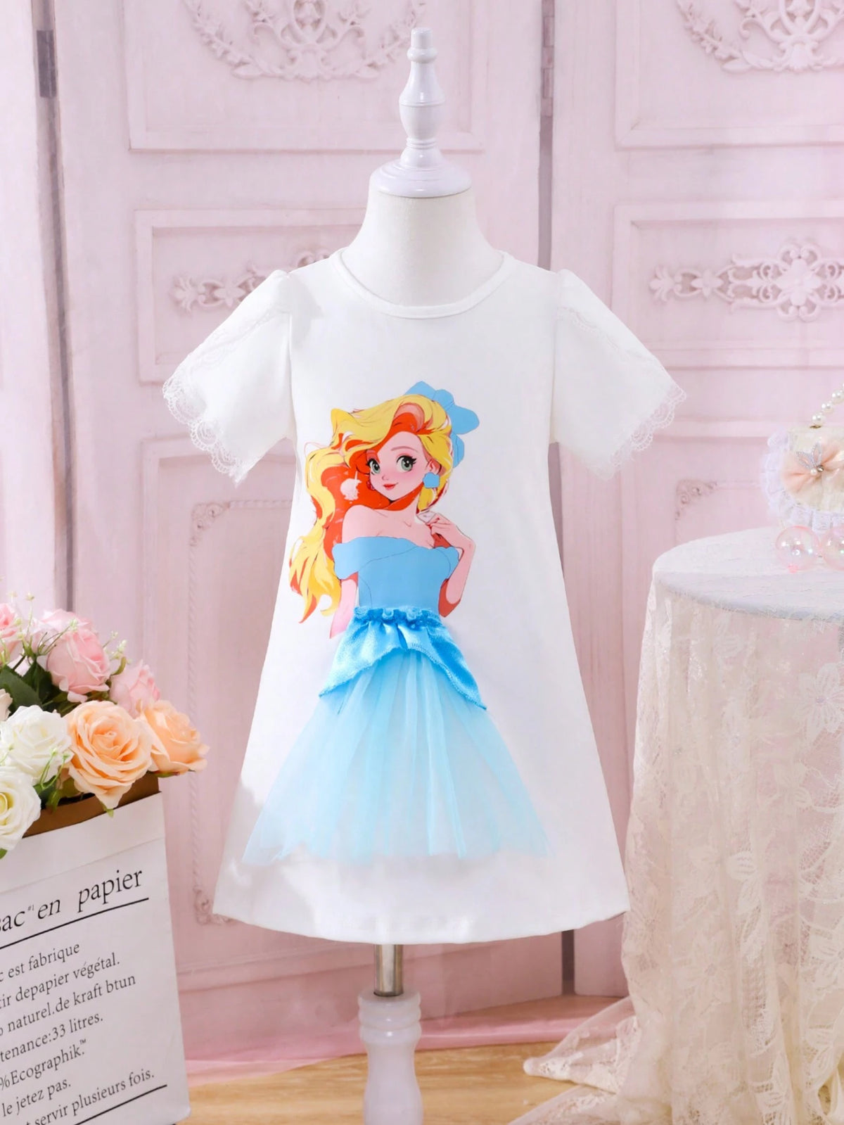 Young Girls' Birthday Party & Wedding Lace & Cartoon Print & Mesh Patchwork Cute Dress For Summer