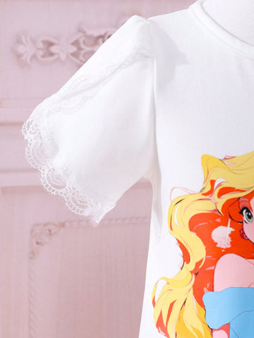 Young Girls' Birthday Party & Wedding Lace & Cartoon Print & Mesh Patchwork Cute Dress For Summer