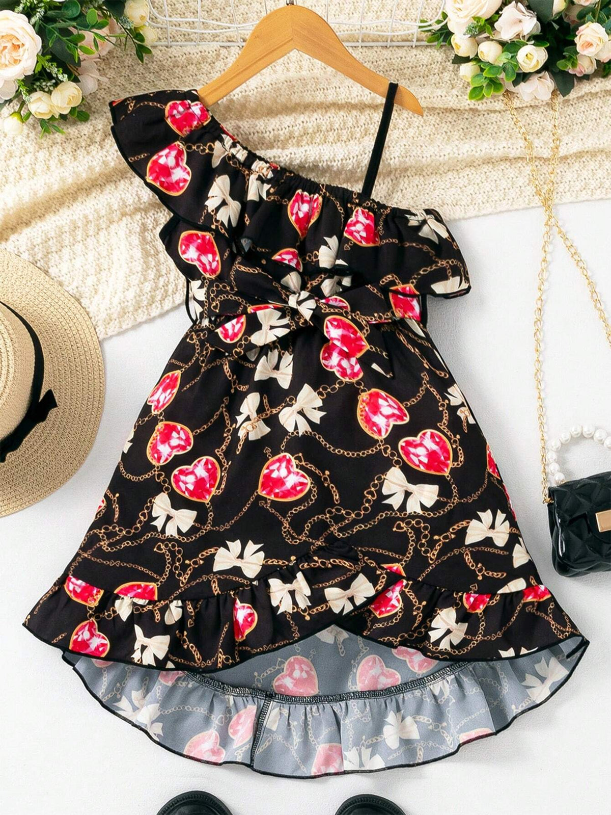 Young Girls' Black/Gold Chain Cami Heart Diamond Decor Casual Summer Dress
