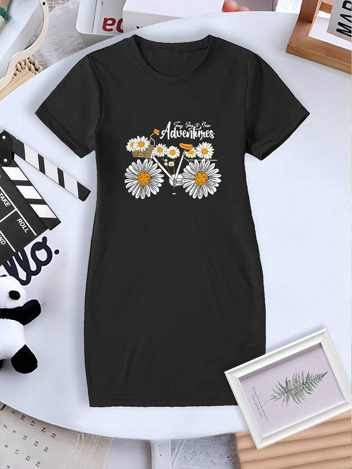 Young Girl's Black Daisy Bicycle Printed Dress For Spring And Summer