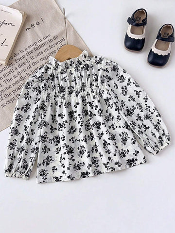 Young Girl's Black Ditsy Floral Ruffled Trim Long Sleeve Top