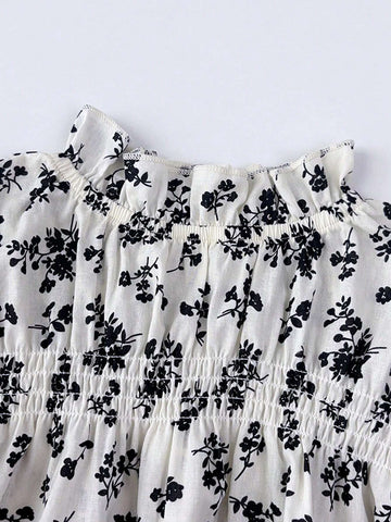 Young Girl's Black Ditsy Floral Ruffled Trim Long Sleeve Top