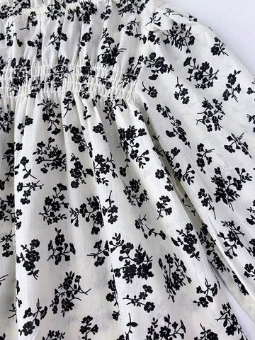 Young Girl's Black Ditsy Floral Ruffled Trim Long Sleeve Top