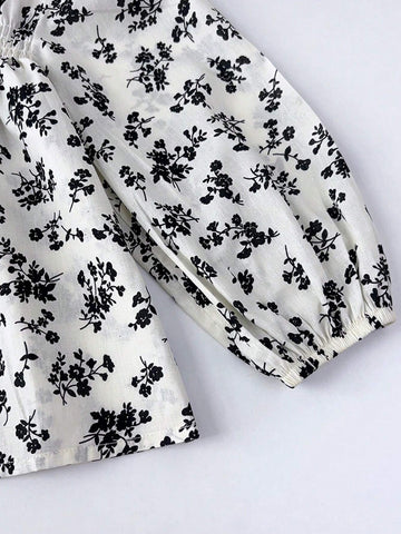Young Girl's Black Ditsy Floral Ruffled Trim Long Sleeve Top